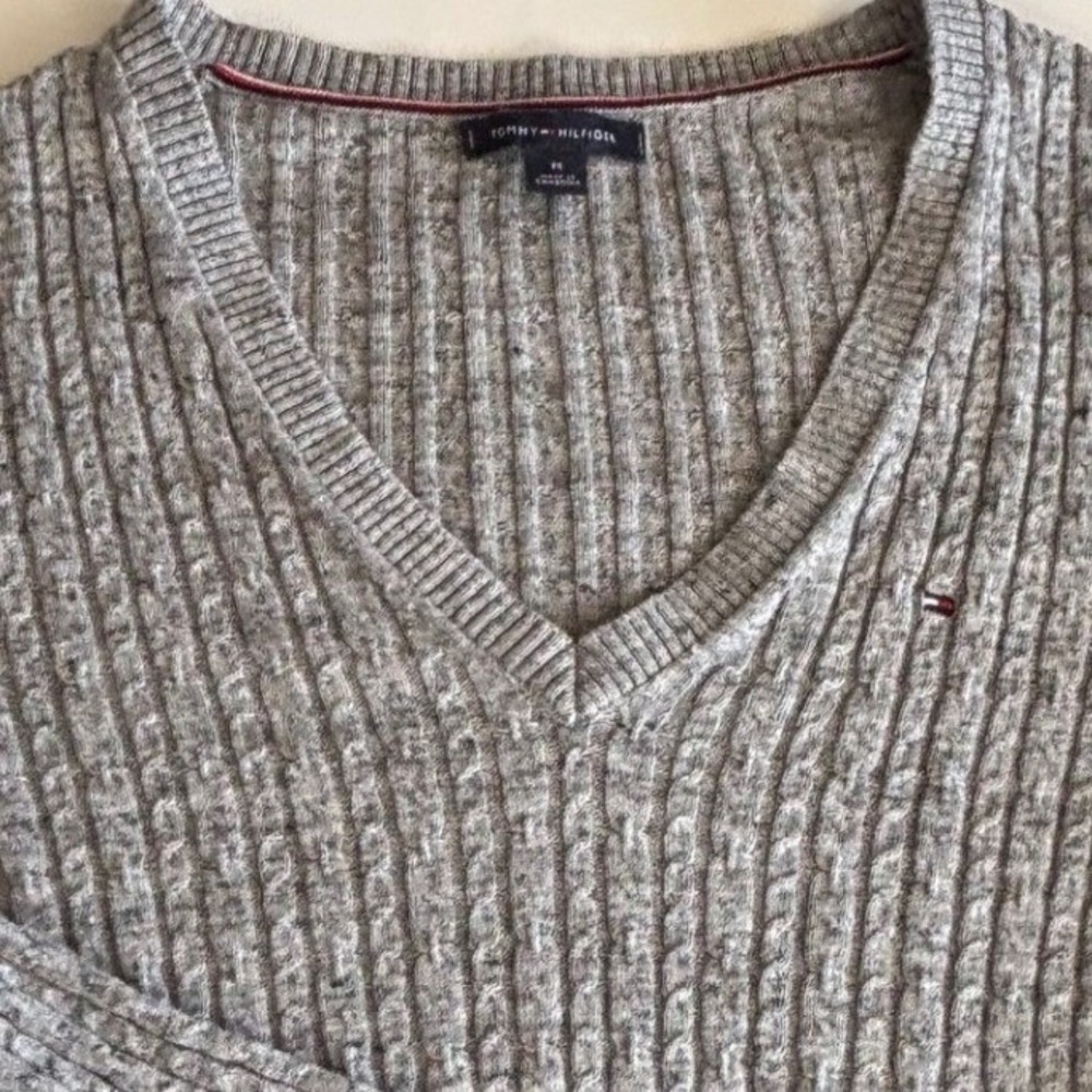 Tommy Hilfiger Womens Grey Cable Knit V-Neck Cotton Sweater Size M Y2K Preppy - Picture 3 of 8